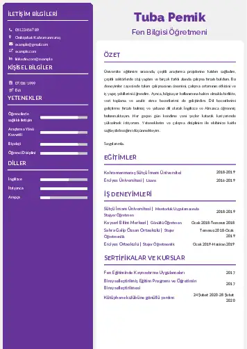 Fen Bilgisi Öğretmeni CV Örnekleri cv indir